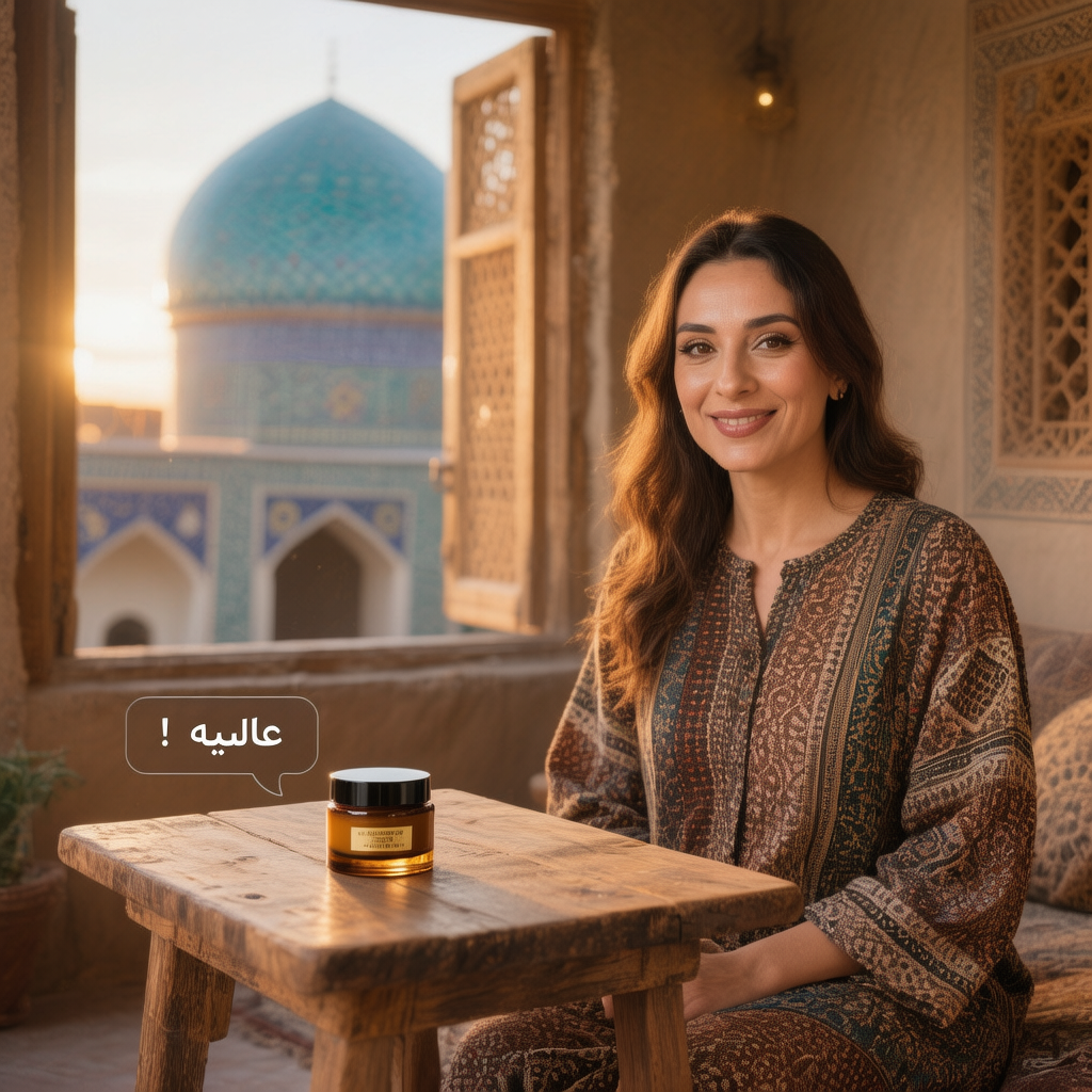 میکرواینفلوئنسر زن ایرانی ۲۵ ساله در حال لایو اینستاگرام از خانه سنتی در اصفهان، نمایش محصول آرایشی طبیعی روی میز چوبی، فالوورها در چت فارسی مینویسند "عالیه!"، پسزمینه گنبد فیروزهای مسجد، نور طلایی غروب، سبک واقعی اما هنری --ar 1:1 --v 6 همکاری با میکرواینفلوئنسرهای ایرانی برای رشد کسبوکار کوچک