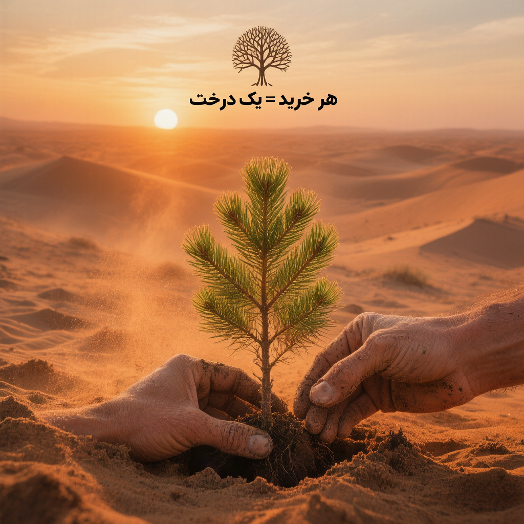 دستهایی که نهال کاج در کویر لوت میکارند، در پسزمینه لوگوی برند ایرانی با شعار "هر خرید = یک درخت"، خورشید غروب نارنجی، ذرات شن در هوا، سبک سینمایی امیدبخش، رنگهای گرم صحرایی و سبز نهال --ar 16:9 --v 6 کمپین مسئولیت اجتماعی و پایداری در مارکتینگ ایران ۱۴۰۴