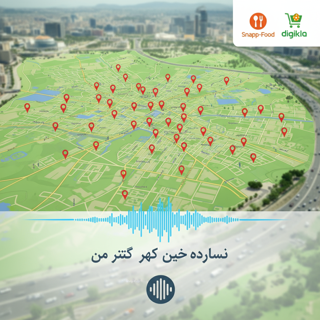 نقشه دیجیتال تهران با پینهای قرمز روی رستورانها و فروشگاهها، دستیار صوتی (موج صوتی آبی) در حال گفتن "رستوران خوب نزدیک من" به فارسی، آیکونهای اسنپفود و دیجیکالا در گوشه، پسزمینه شهر شلوغ اما تمیز، سبک اینفوگرافیک مدرن، رنگهای سبز و نارنجی --ar 16:9 --v 6 سئوی صوتی و جستجوی محلی در دیجیتال مارکتینگ ایران ۱۴۰۴