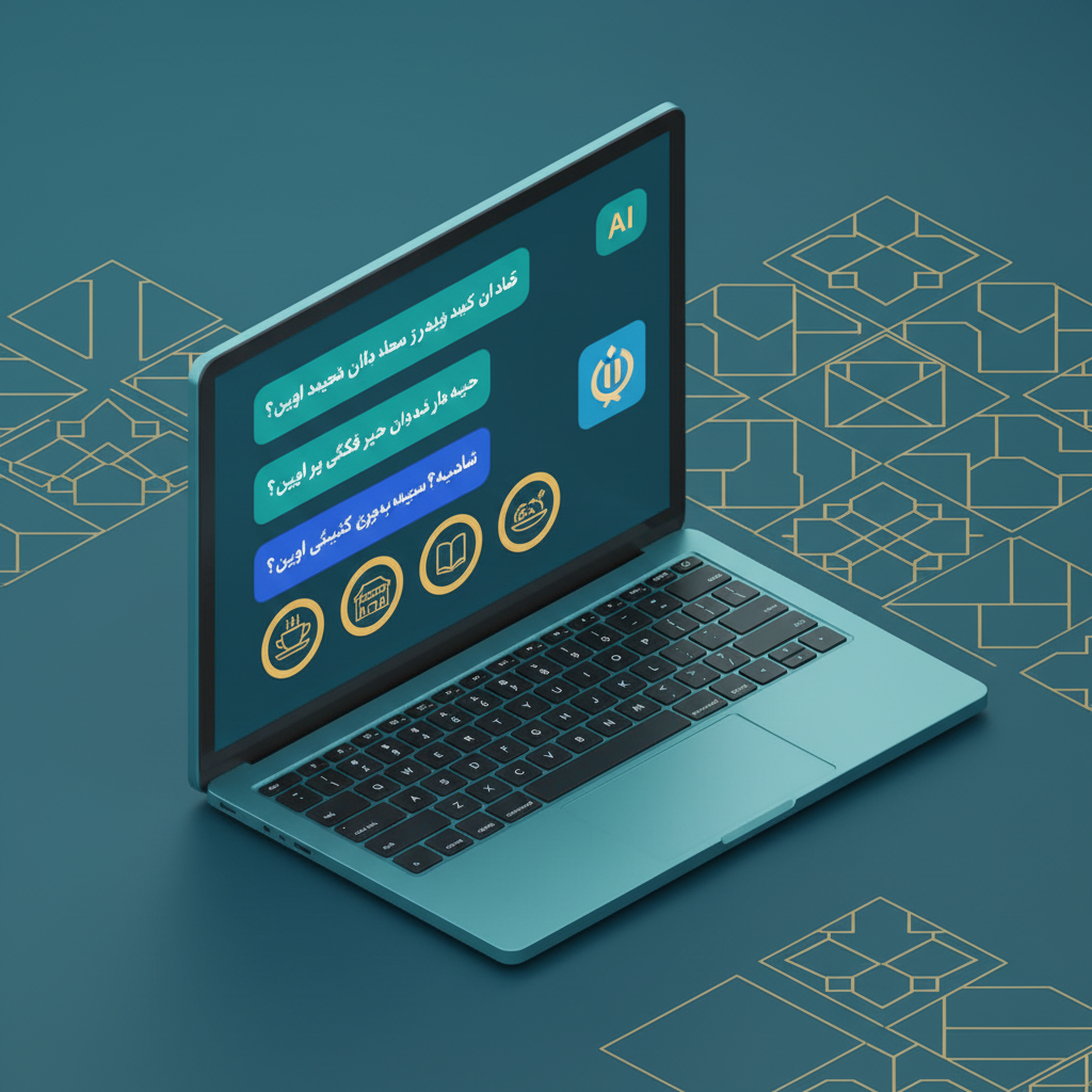 چتبات هوش مصنوعی فارسی روی صفحه لپتاپ، پیامهای شخصیسازیشده به زبان فارسی (مثل: "سلام علی! امروز بارون میاد، چتر بخر؟")، آیکونهای ایرانی مثل چایخانه و بازار سنتی در پسزمینه دیجیتال، رنگهای آبی فیروزهای و طلایی، سبک مینیمال فلت، 3D ایزومتریک --ar 1:1 --v 6 چتبات هوش مصنوعی فارسی برای مارکتینگ شخصیسازیشده ۱۴۰۴